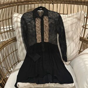 Sandro Black and Beige Lace Long Sleeve Dress